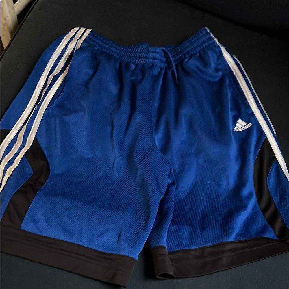 Adidas Blue and Black Athletic Shorts with Signature Stripes